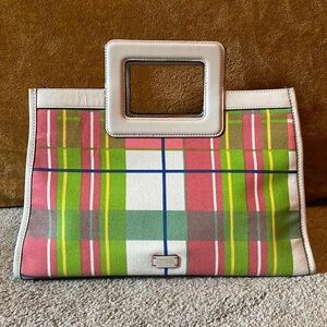 frances valentine canvas and leather plaid tote bag purse